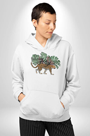 Zara Afrika Leoparı Tropik Yapraklar Kadın Erkek  Beyaz Kapüşonlu Sweatshirt Hoodie