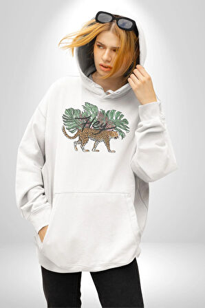Zara Afrika Leoparı Tropik Yapraklar Kadın Erkek  Beyaz Kapüşonlu Sweatshirt Hoodie