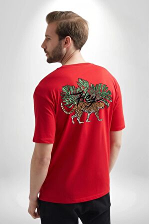 Zara Afrika Leoparı Tropik Yapraklar Kırmızı Oversize Kadın Erkek Ön ve Sırt Baskılı Tişört
