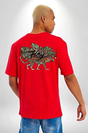 Zara Afrika Leoparı Tropik Yapraklar Kırmızı Oversize Kadın Erkek Ön ve Sırt Baskılı Tişört