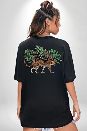 Zara Afrika Leoparı Tropik Yapraklar Siyah Oversize Kadın Erkek Ön ve Sırt Baskılı Tişört