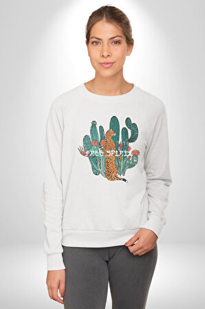 Kaktüs Çita  Kadın Erkek  Beyaz Baskılı Sweatshirt 