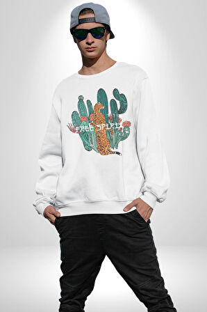 Kaktüs Çita  Kadın Erkek  Beyaz Baskılı Sweatshirt 