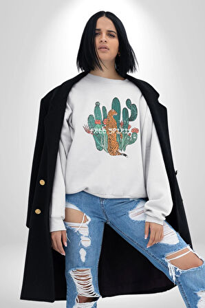 Kaktüs Çita  Kadın Erkek  Beyaz Baskılı Sweatshirt 