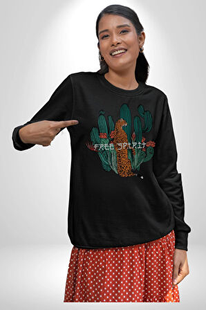 Kaktüs Çita  Kadın Erkek  Siyah Baskılı Sweatshirt 