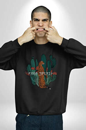 Kaktüs Çita  Kadın Erkek  Siyah Baskılı Sweatshirt 