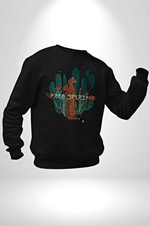 Kaktüs Çita  Kadın Erkek  Siyah Baskılı Sweatshirt 