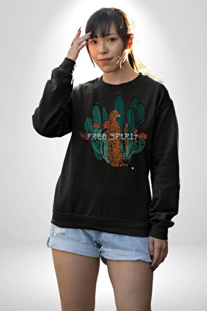 Kaktüs Çita  Kadın Erkek  Siyah Baskılı Sweatshirt 