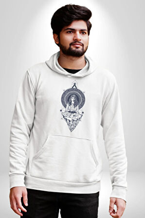 Falcı Meditasyon Yoga Dağın Üstünde Kadın Erkek  Beyaz Kapüşonlu Sweatshirt Hoodie