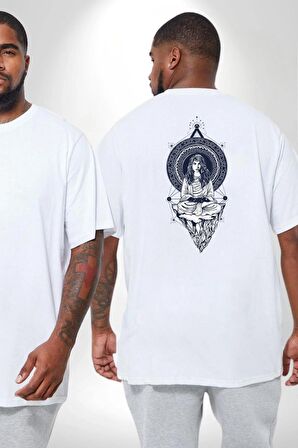 Falcı Meditasyon Yoga Dağın Üstünde Büyük Beden Beyaz Tişört Kadın Erkek Ünisex Sırt Baskılı