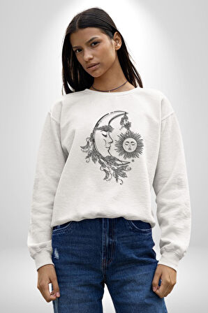 Ay Güneş Astroloji Aşk Estetik Kadın Erkek  Beyaz Baskılı Sweatshirt 