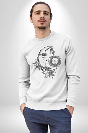 Ay Güneş Astroloji Aşk Estetik Kadın Erkek  Beyaz Baskılı Sweatshirt 