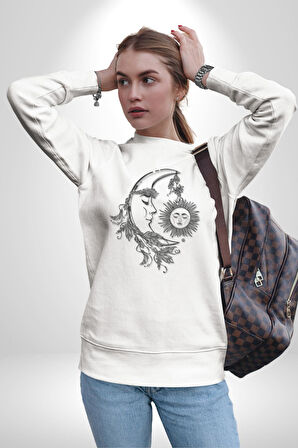 Ay Güneş Astroloji Aşk Estetik Kadın Erkek  Beyaz Baskılı Sweatshirt 