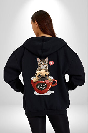 Kedi Ve Köpek Sonsuzadek Arkadaşız  Kadın Erkek Siyah Renk Kapüşonlu Kanguru Cepli  Fermuarlı Pamuklu Oversize Dijital Baskılı Hırka Sweatshirt