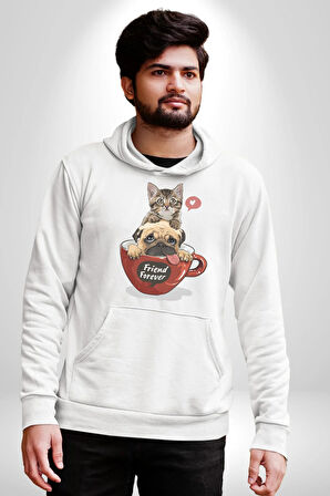 Kedi Ve Köpek Sonsuzadek Arkadaşız  Kadın Erkek  Beyaz Kapüşonlu Sweatshirt Hoodie