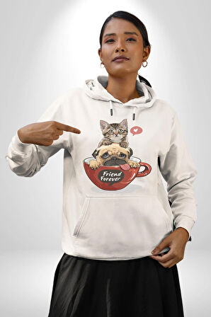 Kedi Ve Köpek Sonsuzadek Arkadaşız  Kadın Erkek  Beyaz Kapüşonlu Sweatshirt Hoodie