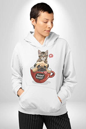 Kedi Ve Köpek Sonsuzadek Arkadaşız  Kadın Erkek  Beyaz Kapüşonlu Sweatshirt Hoodie