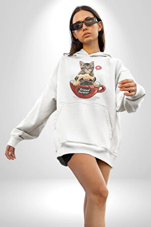 Kedi Ve Köpek Sonsuzadek Arkadaşız  Kadın Erkek  Beyaz Kapüşonlu Sweatshirt Hoodie
