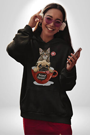 Kedi Ve Köpek Sonsuzadek Arkadaşız  Kadın Erkek  Siyah Kapüşonlu Sweatshirt Hoodie