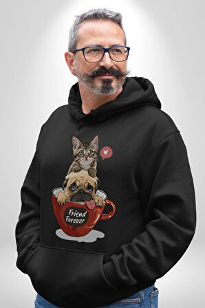 Kedi Ve Köpek Sonsuzadek Arkadaşız  Kadın Erkek  Siyah Kapüşonlu Sweatshirt Hoodie