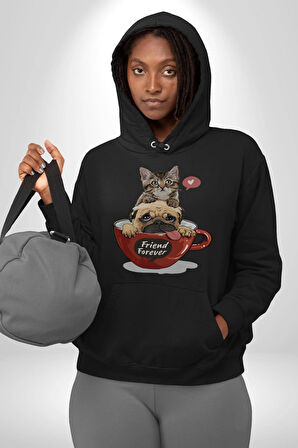 Kedi Ve Köpek Sonsuzadek Arkadaşız  Kadın Erkek  Siyah Kapüşonlu Sweatshirt Hoodie