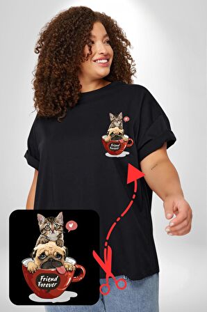 Kedi Ve Köpek Sonsuzadek Arkadaşız  Siyah Büyük Beden Kadın Basic Minimal Baskılı Tişört