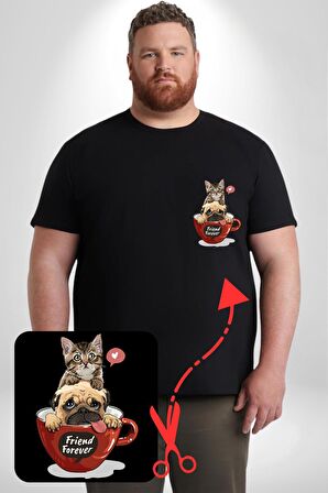Kedi Ve Köpek Sonsuzadek Arkadaşız  Siyah Büyük Beden Kadın Basic Minimal Baskılı Tişört