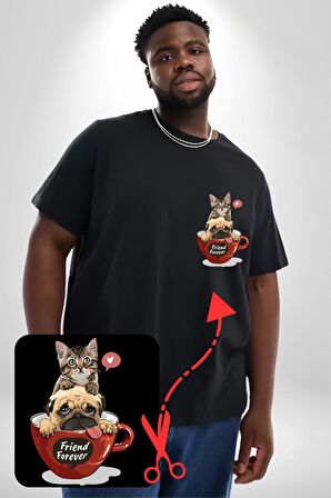 Kedi Ve Köpek Sonsuzadek Arkadaşız  Siyah Büyük Beden Kadın Basic Minimal Baskılı Tişört