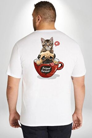 Kedi Ve Köpek Sonsuzadek Arkadaşız  Büyük Beden Beyaz Tişört Kadın Erkek Ünisex Sırt Baskılı