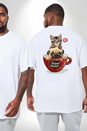 Kedi Ve Köpek Sonsuzadek Arkadaşız  Büyük Beden Beyaz Tişört Kadın Erkek Ünisex Sırt Baskılı