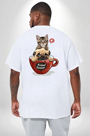 Kedi Ve Köpek Sonsuzadek Arkadaşız  Büyük Beden Beyaz Tişört Kadın Erkek Ünisex Sırt Baskılı