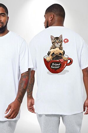 Kedi Ve Köpek Sonsuzadek Arkadaşız  Büyük Beden Beyaz Tişört Kadın Erkek Ünisex Sırt Baskılı