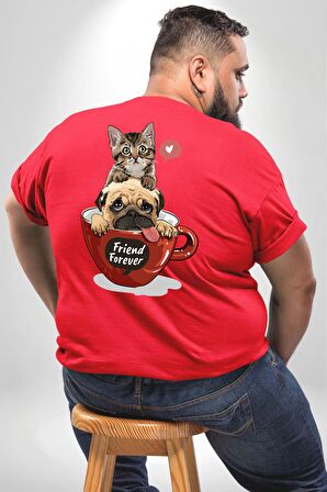 Kedi Ve Köpek Sonsuzadek Arkadaşız  Büyük Beden Kırmızı Tişört Kadın Erkek Ünisex Sırt Baskılı