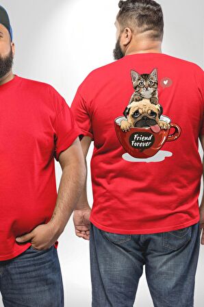 Kedi Ve Köpek Sonsuzadek Arkadaşız  Büyük Beden Kırmızı Tişört Kadın Erkek Ünisex Sırt Baskılı