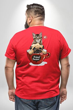 Kedi Ve Köpek Sonsuzadek Arkadaşız  Büyük Beden Kırmızı Tişört Kadın Erkek Ünisex Sırt Baskılı