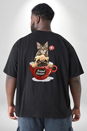 Kedi Ve Köpek Sonsuzadek Arkadaşız  Büyük Beden Siyah Tişört Kadın Erkek Ünisex Sırt Baskılı