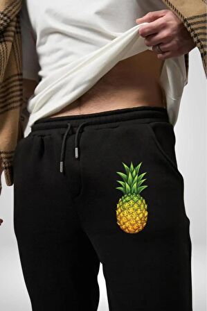 Ananas Meyve Pamuklu 3 İplik Siyah Eşofman Altı Erkek Oversize Kesim Dijital Baskılı