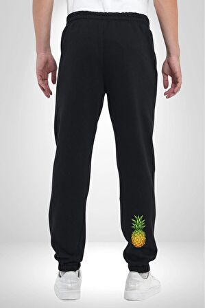 Ananas Meyve Pamuklu 3 İplik Siyah Eşofman Altı Erkek Oversize Kesim Dijital Baskılı