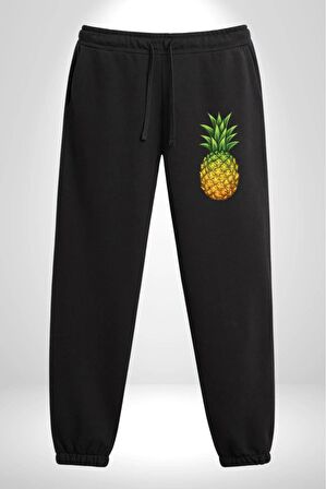 Ananas Meyve Pamuklu 3 İplik Siyah Eşofman Altı Erkek Oversize Kesim Dijital Baskılı