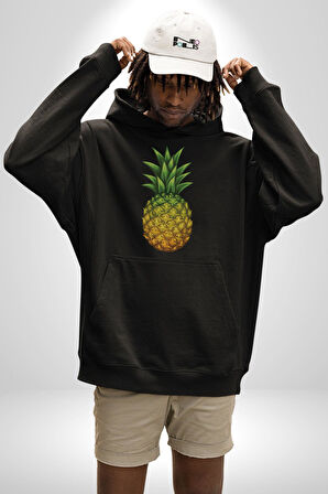 Ananas Meyve Kadın Erkek  Siyah Kapüşonlu Sweatshirt Hoodie