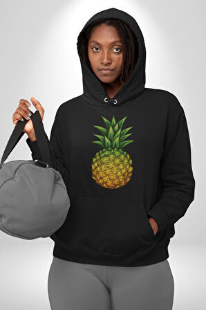 Ananas Meyve Kadın Erkek  Siyah Kapüşonlu Sweatshirt Hoodie