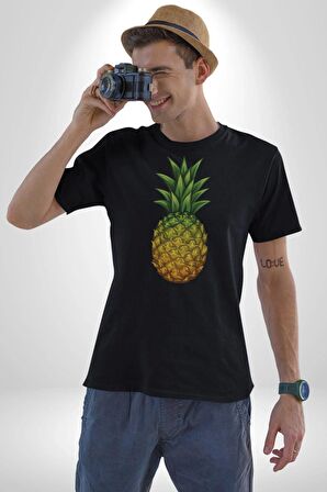 Ananas Meyve Kadın Erkek Unisex Siyah Organik Baskılı T-Shirt Penye Yüksek Kalite