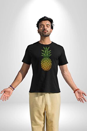 Ananas Meyve Kadın Erkek Unisex Siyah Organik Baskılı T-Shirt Penye Yüksek Kalite