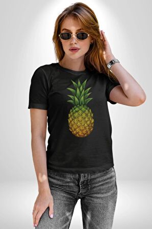Ananas Meyve Kadın Erkek Unisex Siyah Organik Baskılı T-Shirt Penye Yüksek Kalite