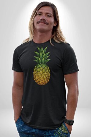 Ananas Meyve Kadın Erkek Unisex Siyah Organik Baskılı T-Shirt Penye Yüksek Kalite