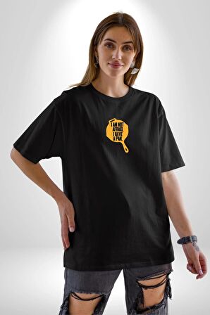 Ben Korkmuyorum Çünkü Tavam Var Siyah Oversize Kadın Erkek Ön Orta Minimal Baskılı Tişört