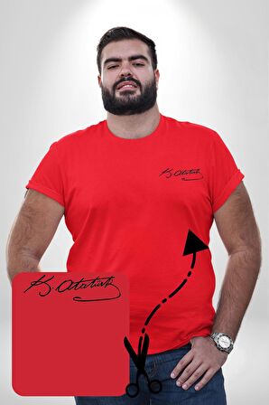 Kemal Atatürk İmzası  Kırmızı Büyük Beden Kadın Basic Minimal Baskılı Tişört