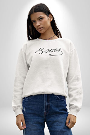 Kemal Atatürk İmzası  Kadın Erkek  Beyaz Baskılı Sweatshirt 