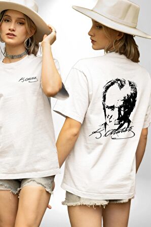 Kemal Atatürk İmza Ve Silüet  Beyaz Oversize Kadın Erkek Ön ve Sırt Baskılı Tişört