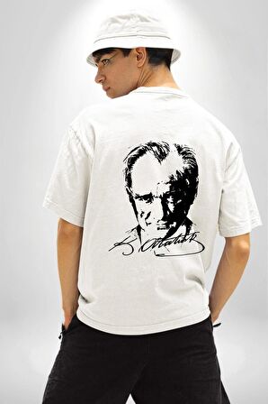 Kemal Atatürk İmza Ve Silüet  Beyaz Oversize Kadın Erkek Ön ve Sırt Baskılı Tişört